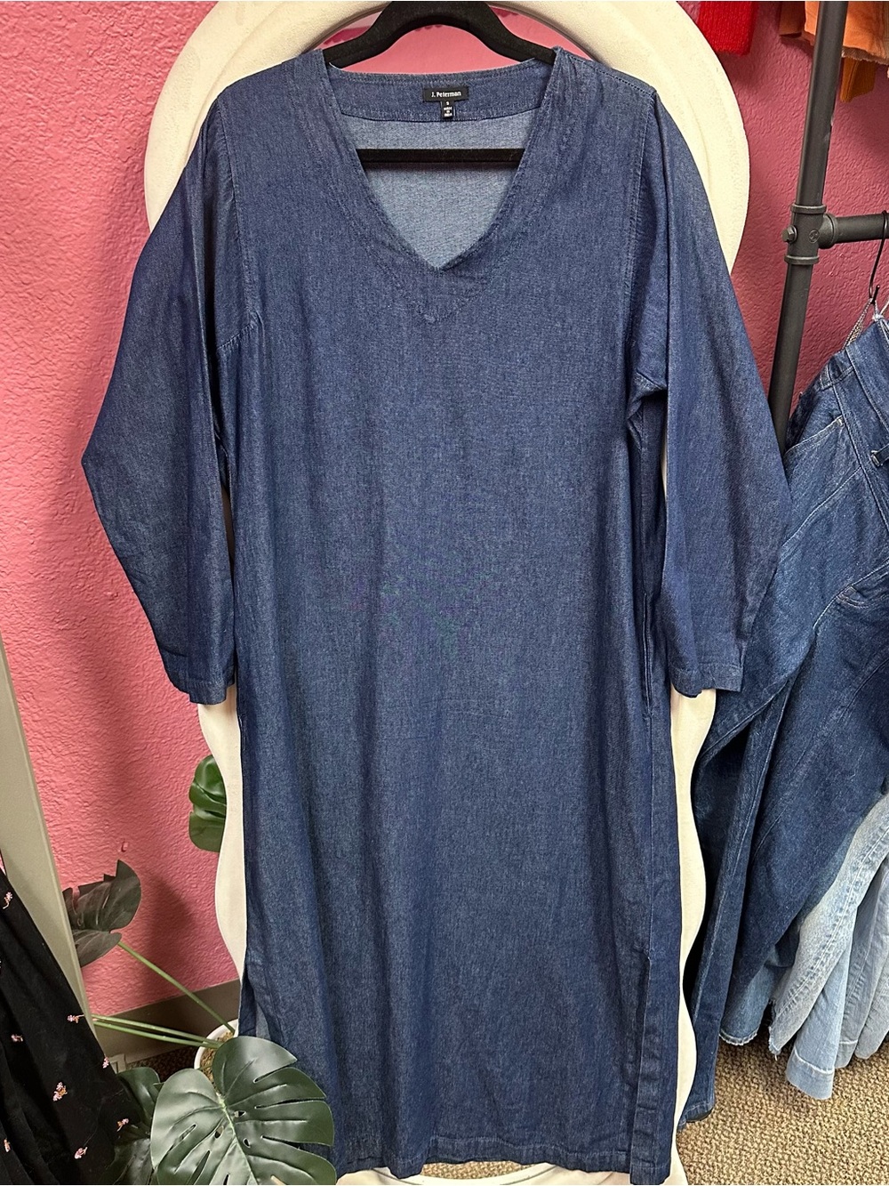 J Peterman denim caftan maxi dress